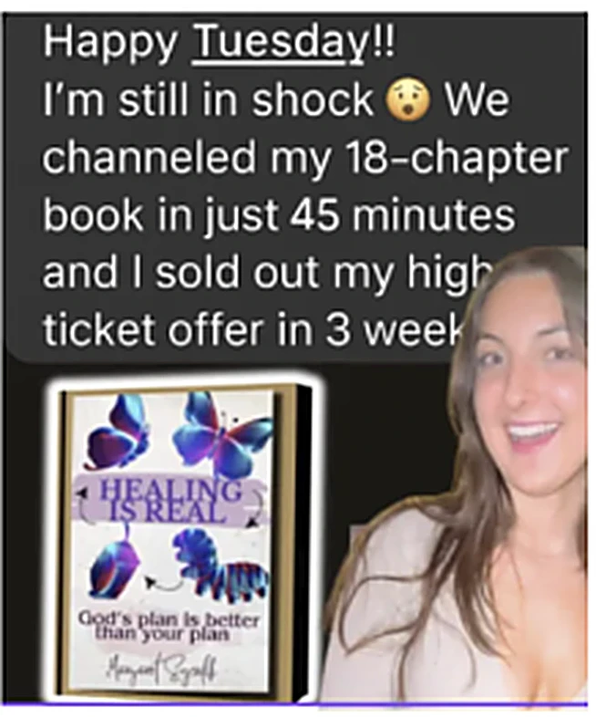 Client with her book Healing Is Real and her original testimonial